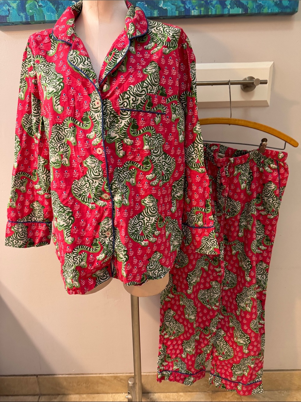 Printfresh Pink & Green Bagheera - Tiger-Print Pajama Set Sz. Medium Cotton